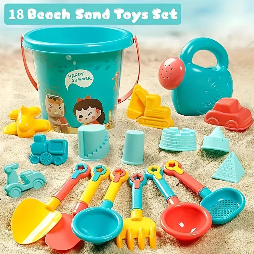 Baby Bubble 18-piece beach sand toy set for babies, including buckets, shovels, and molds for summer outdoor play.