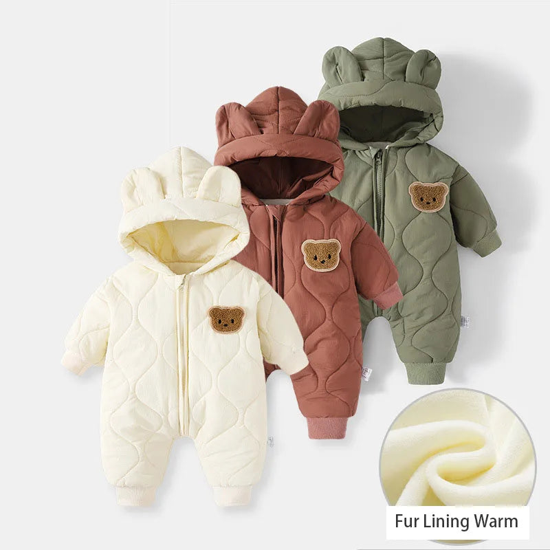 Baby Bubble baby winter romper featuring a cute cartoon bear jumpsuit with cozy fabric and playful bear design.