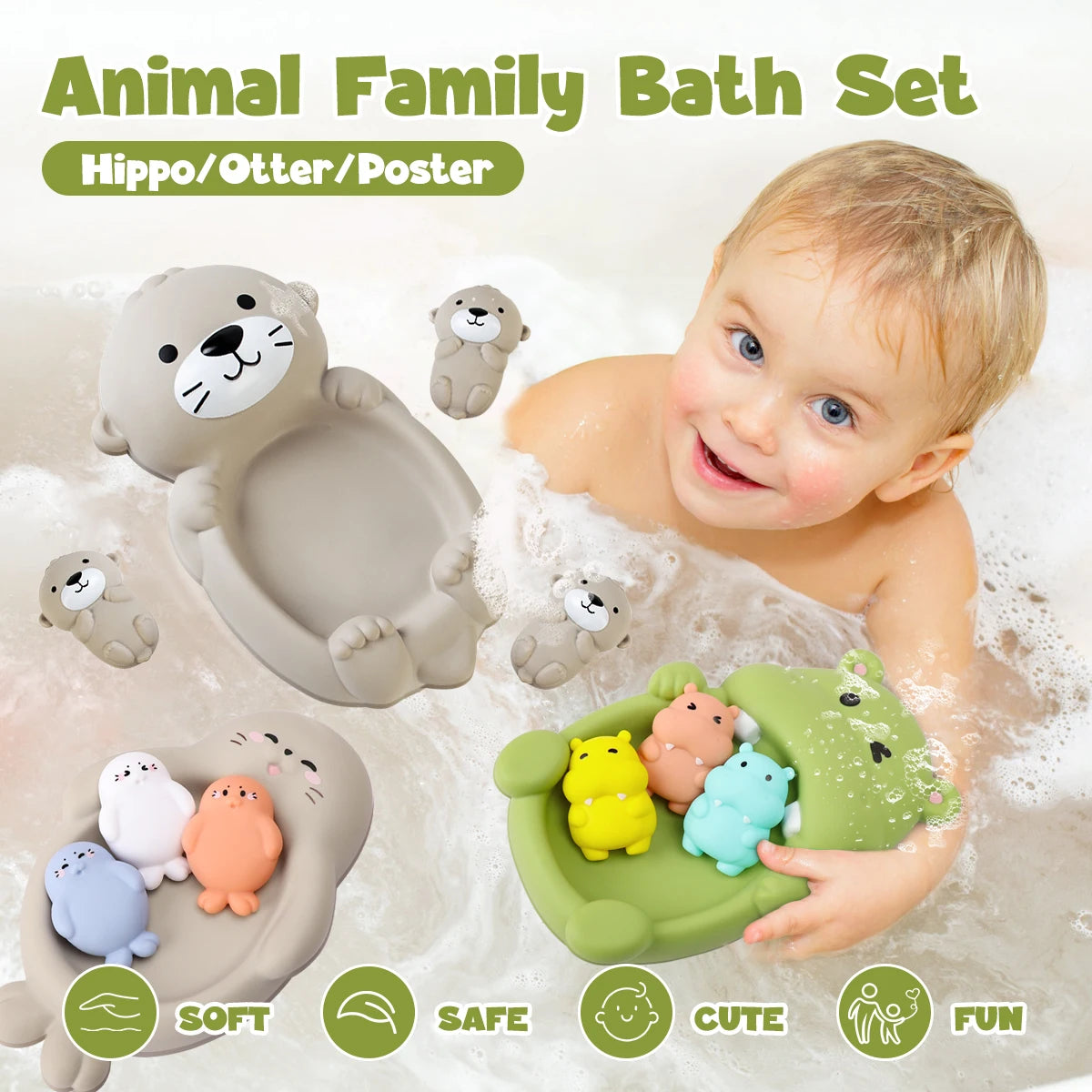 Baby Bubble floating bath animal toys set with colorful rubber animals for water play, ideal for toddlers during bath time.