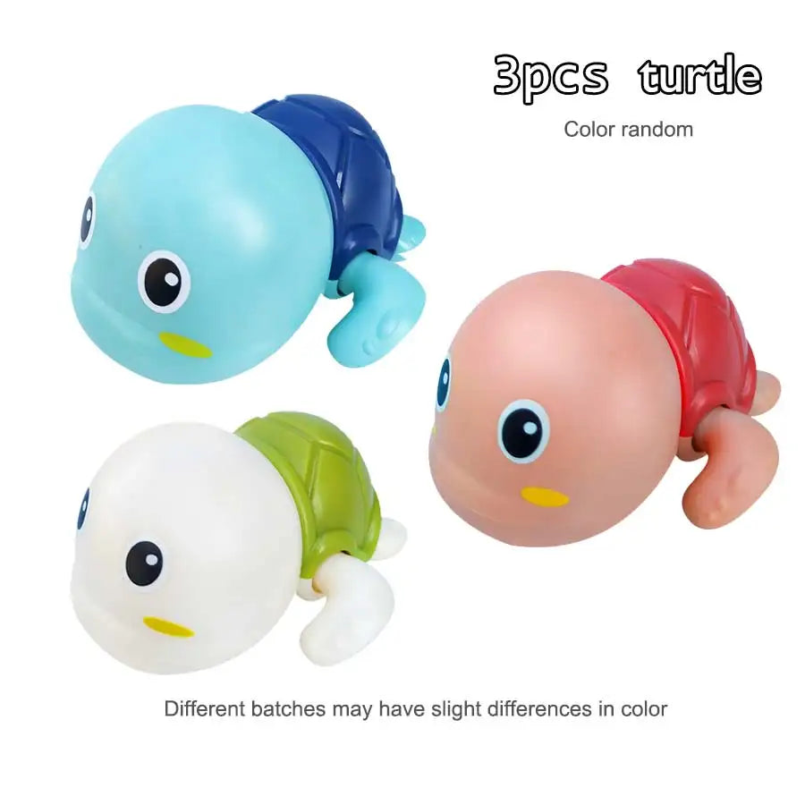Baby Bubble bath toys set featuring a turtle, tortoise, and duck floating in a swimming pool for babies.