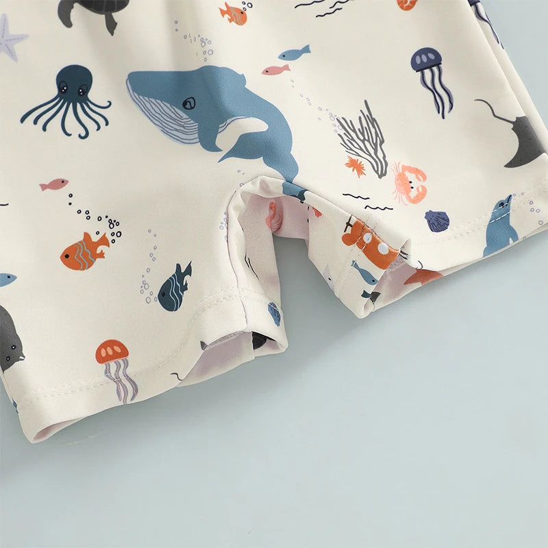 Baby Boys Rash Guard Set with marine animal print by Baby Bubble, featuring colorful marine creatures on lightweight swimwear.