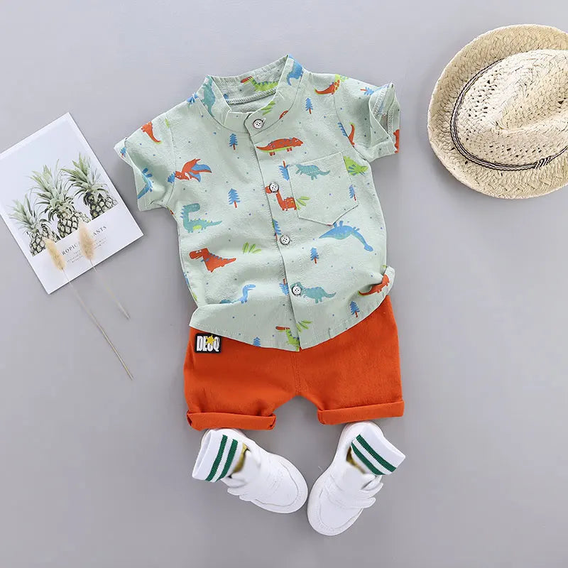 Baby Bubble infant and toddler cartoon dinosaur 2-piece casual clothing set with colorful dinosaur prints on soft fabric.