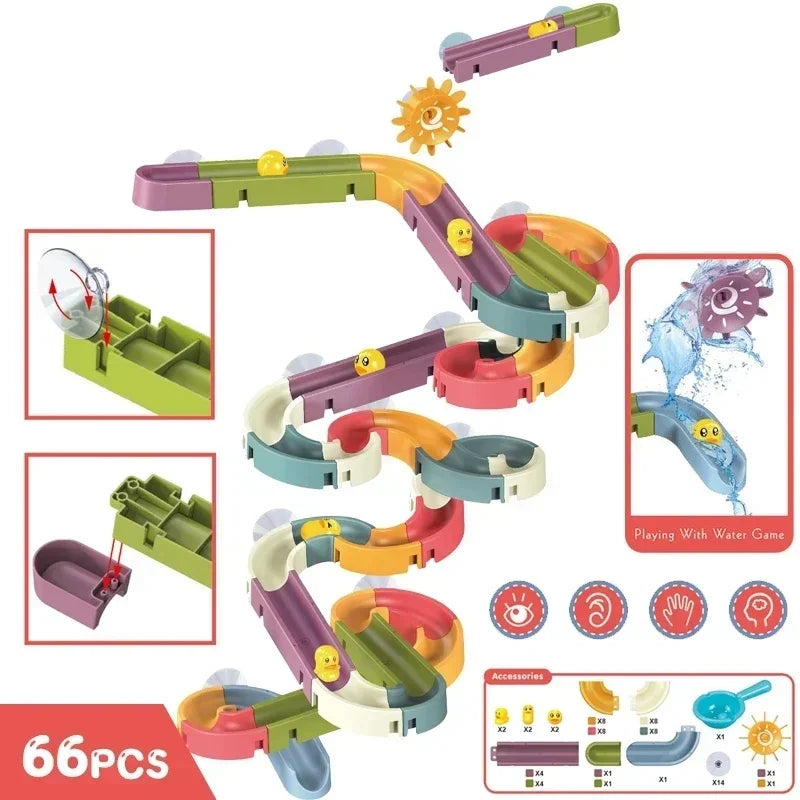Baby Bubble DIY assembling track slide with suction cup toys, bath duck water toys set for children in a bathtub.