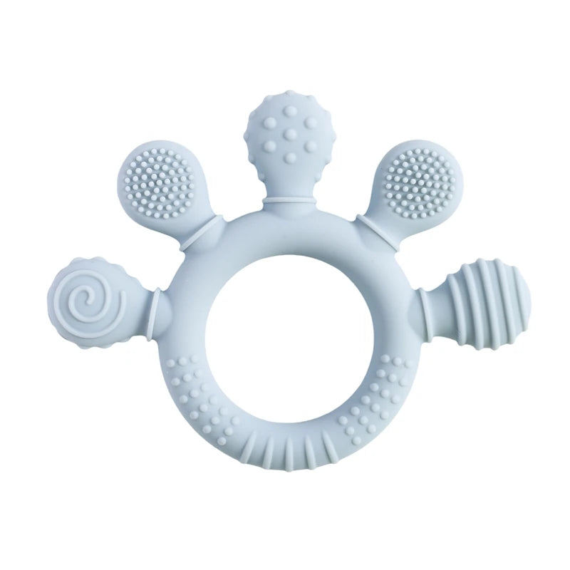 Baby Bubble BPA-free silicone teether rattle with colorful sensory beads, designed to soothe and entertain infants.