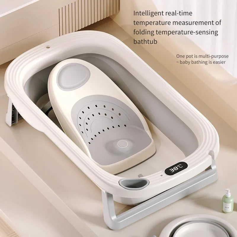 Foldable Baby Bath Tub with temperature sensor by Baby Bubble, shown folded and unfolded for compact storage and safe bathing.
