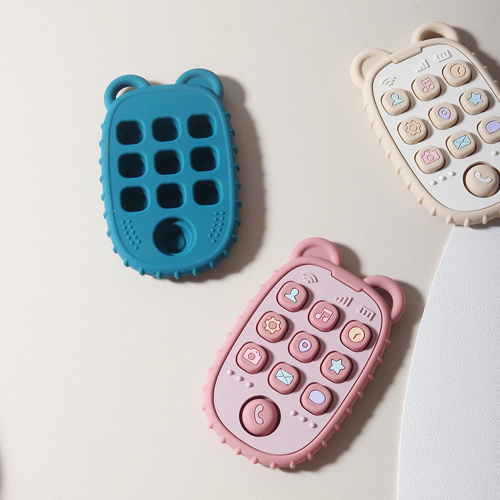 Baby Bubble baby phone-shaped silicone teether with colorful buttons, designed for soothing and chewing comfort for infants.
