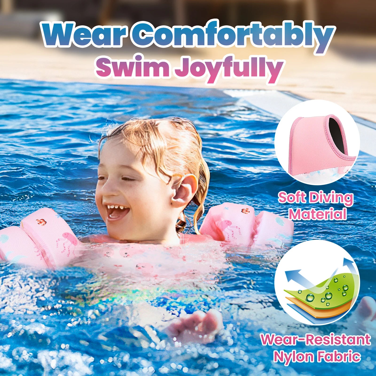 Baby Bubble kids' life vest with foam arm floats and safety whistle, designed for swimming safety and buoyancy.