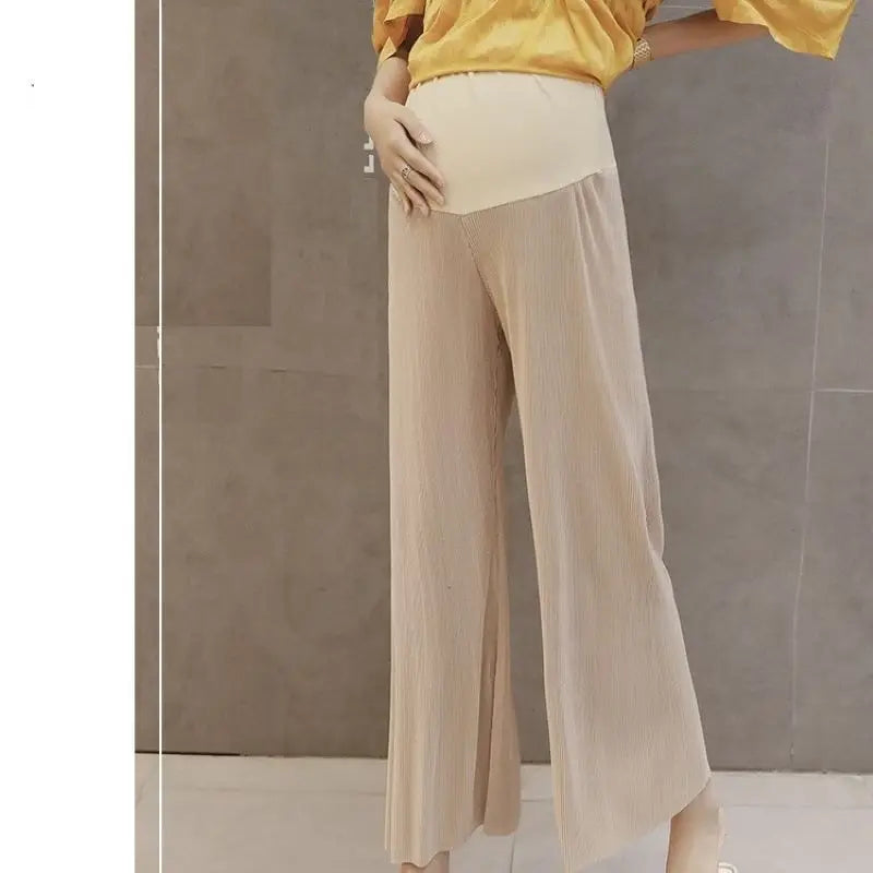 Baby Bubble wide leg maternity trousers with breathable fabric and adjustable waist for comfortable maternity wear.