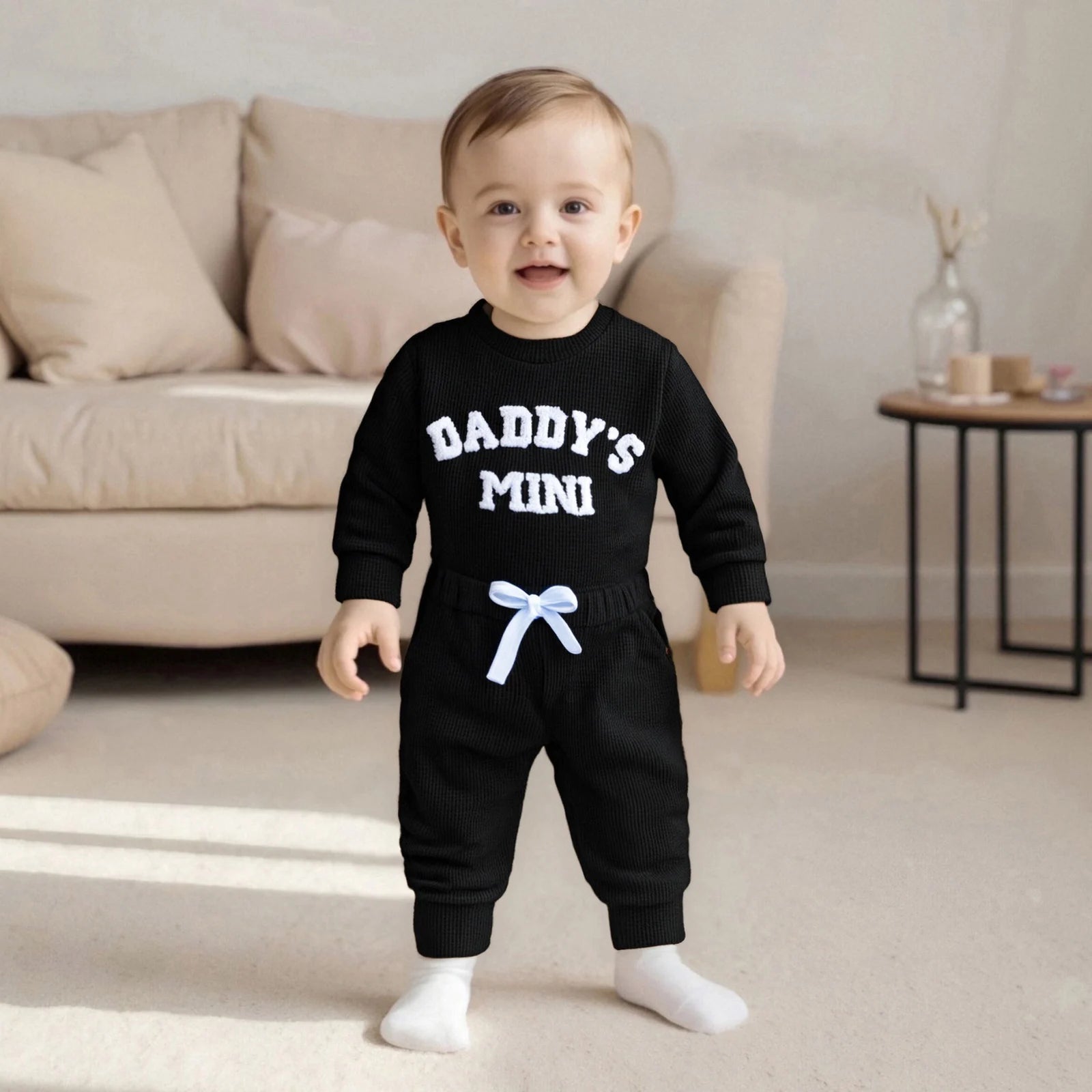 Baby Bubble Daddy's Mini Waffle Bodysuit and Jogger Pants set with embroidered details, perfect for fall fashion on a baby.