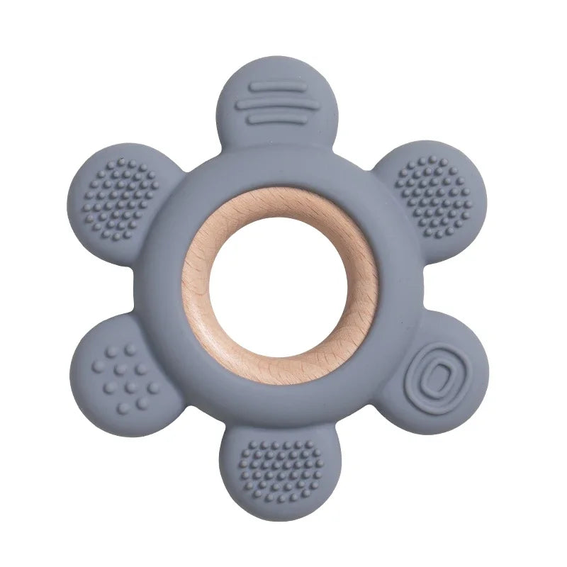 Baby Bubble silicone wood teether ring with smooth, baby-safe wooden and silicone beads for soothing teething relief.