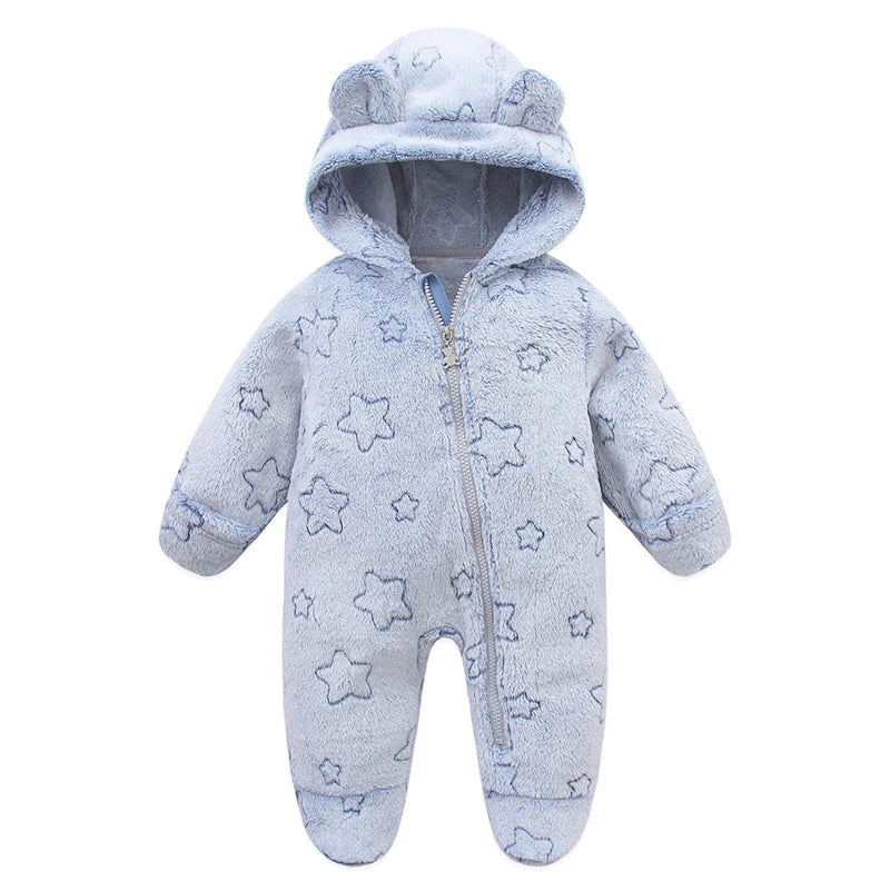 Baby Bubble soft newborn baby jumpsuit with cartoon print, warm flannel bodysuit for boys and girls, suitable for 0-12 months.