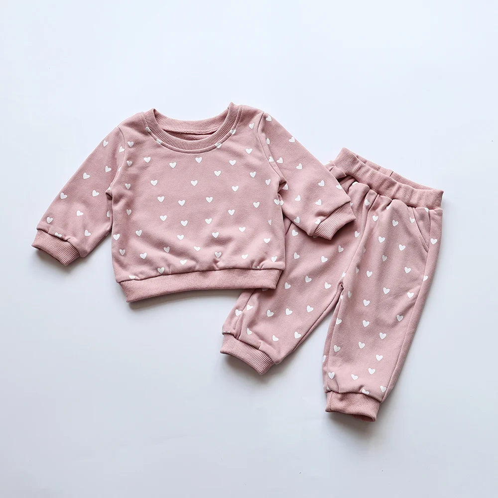 Baby Bubble Heart Print Hoodie Set featuring a cozy, casual hoodie and matching pants with playful heart patterns.