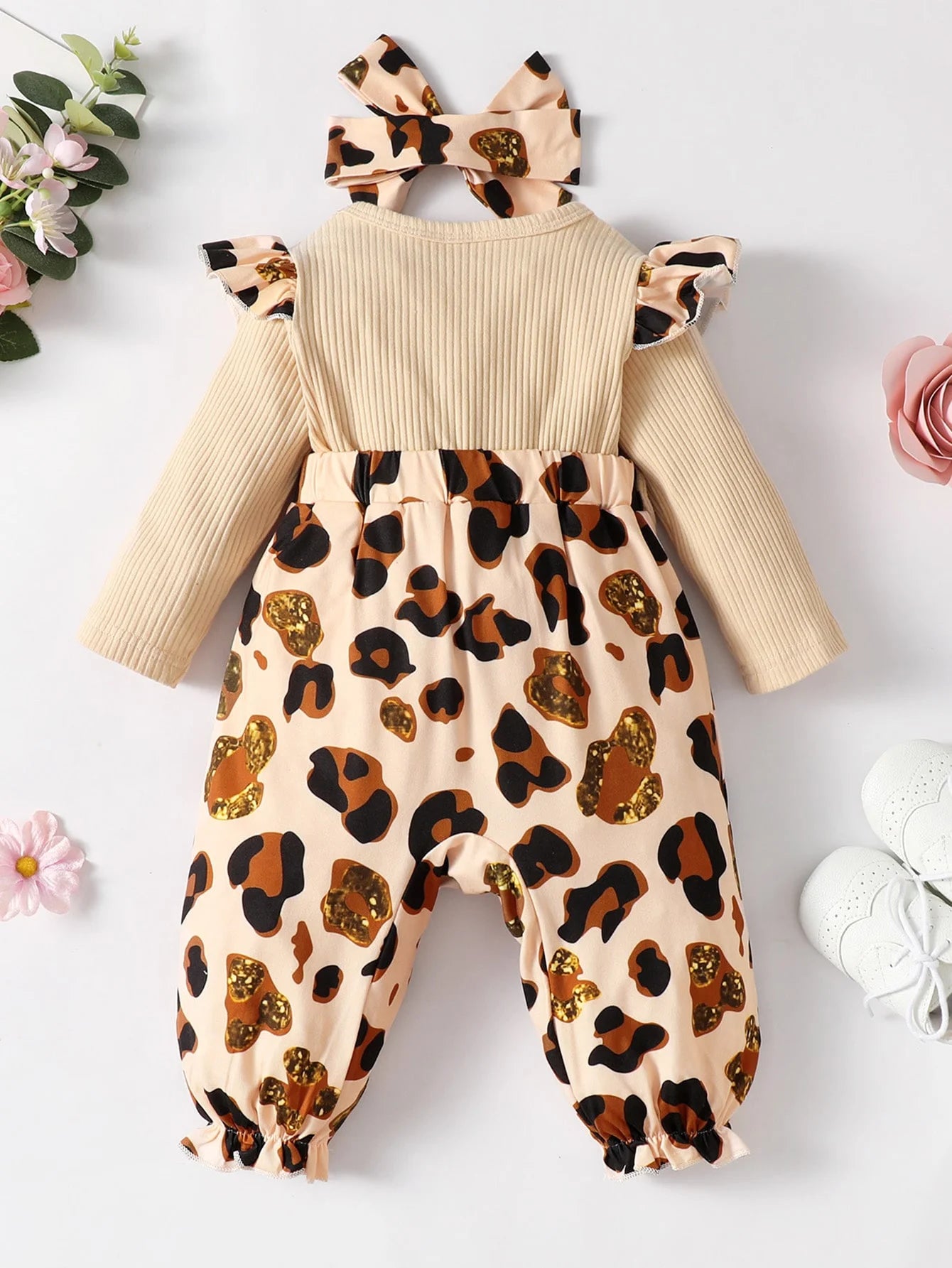 Baby Girl Leopard Jumpsuit Set – Ruffle Trim & Headband