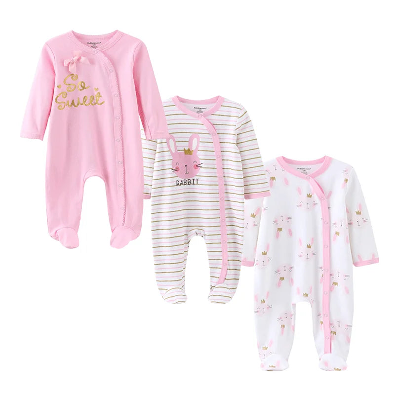 Three cozy newborn baby cotton rompers from Baby Bubble in autumn-themed colors, featuring soft fabric and comfortable fit.