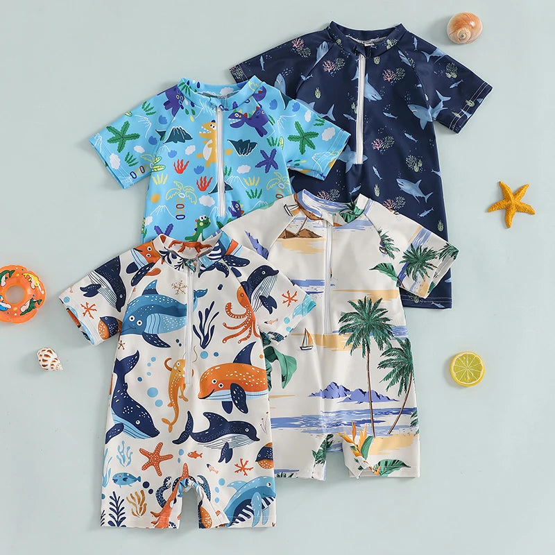 Baby Bubble shark print long sleeve zip-up rash guard for babies, featuring a colorful shark design and UV protection.