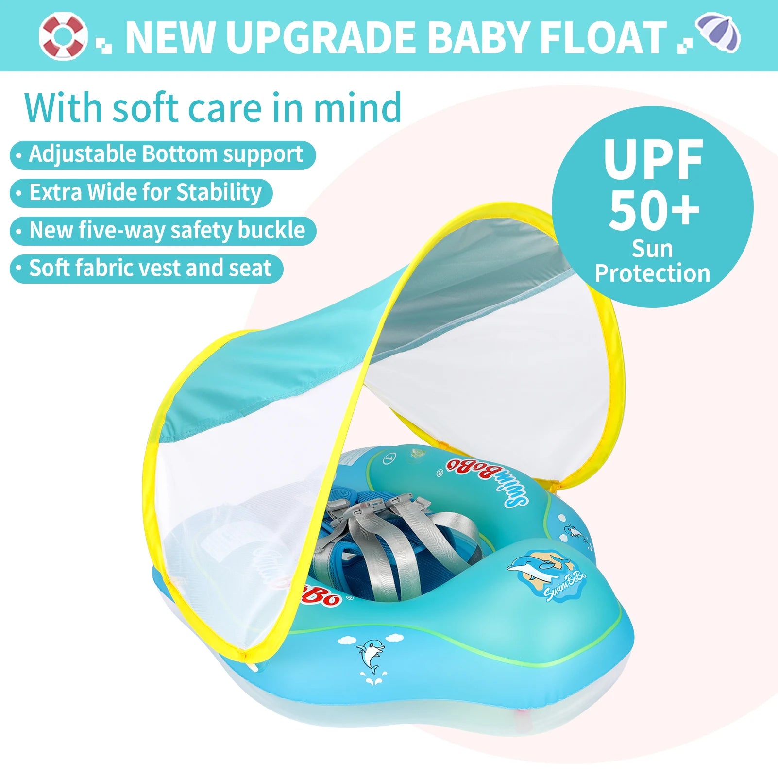 Baby Bubble baby float ring with canopy, UV sun protection, featuring a colorful ring and safety canopy for outdoor swimming.