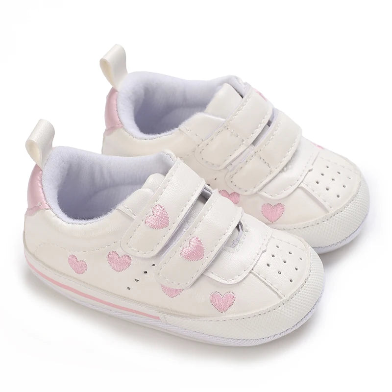 Baby Girl soft sole crib shoes by Baby Bubble, first walker style with pink and white details, suitable for early walking stages.