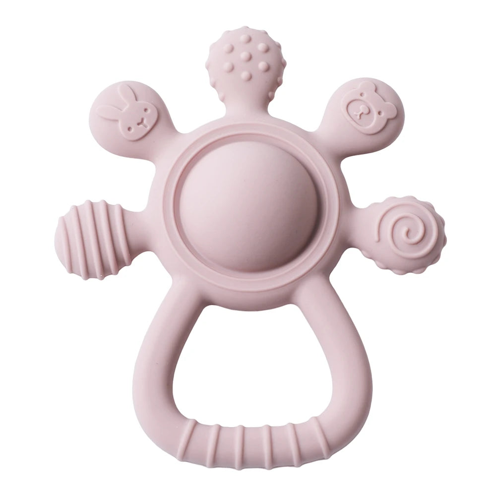 Baby Bubble BPA-free silicone teether rattle with colorful sensory beads and textured surface, designed for soothing and teething comfort.