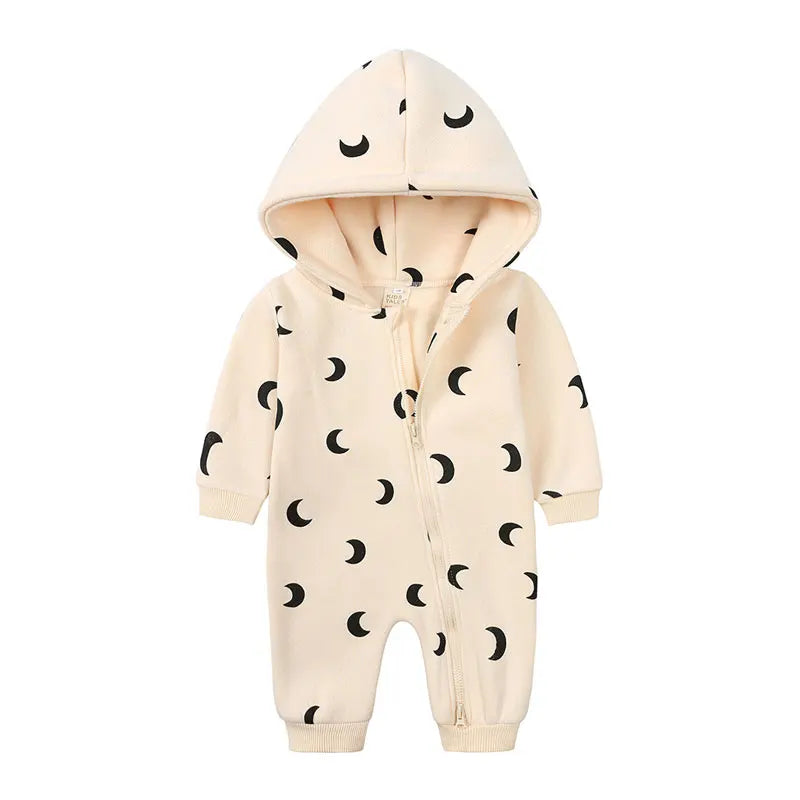Baby Bubble baby cartoon romper with hood and zipper featuring a cute cartoon print, perfect for infants.