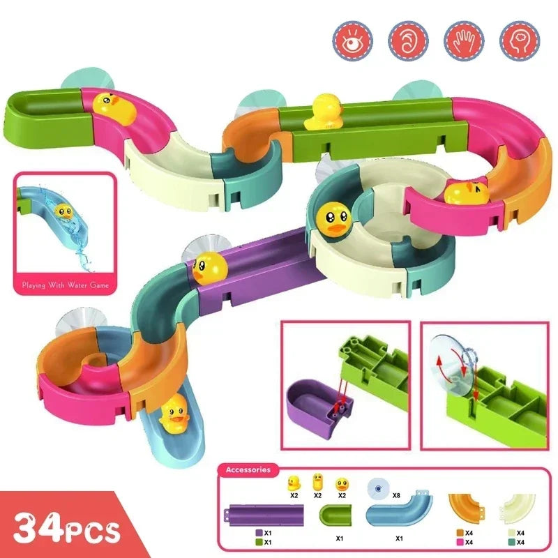 Baby Bubble DIY baby bathtub toy set with colorful water slide and duck water toys, featuring suction cups for bath time fun.