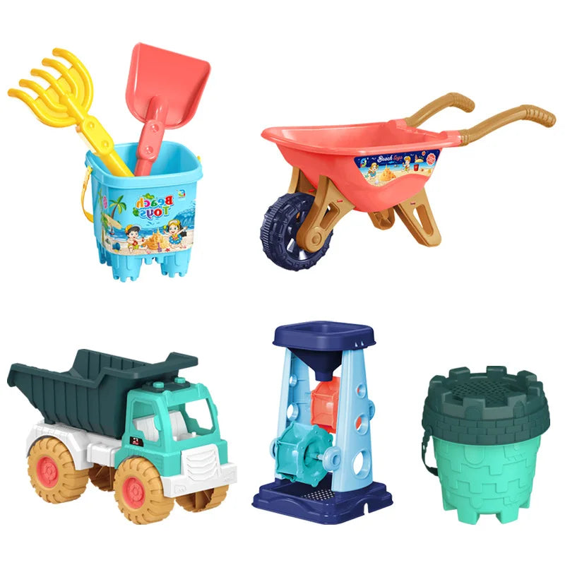 Kids beach sand play set with a blue bucket, shovel, and sand molds from Baby Bubble for outdoor sandbox fun.