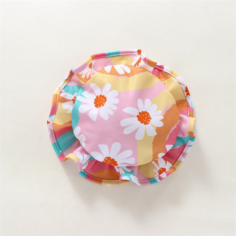 Baby Girl UV swimsuit with long sleeves and matching hat by Baby Bubble, featuring a front zipper and sun protection design.