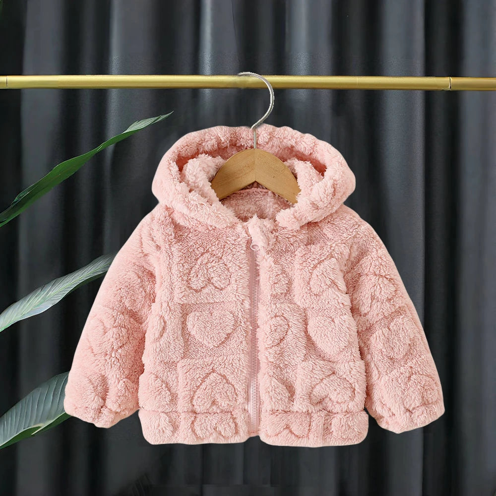 Baby Bubble girls' winter coat with hood, solid lambswool, long sleeves, warm and cute for baby girls.