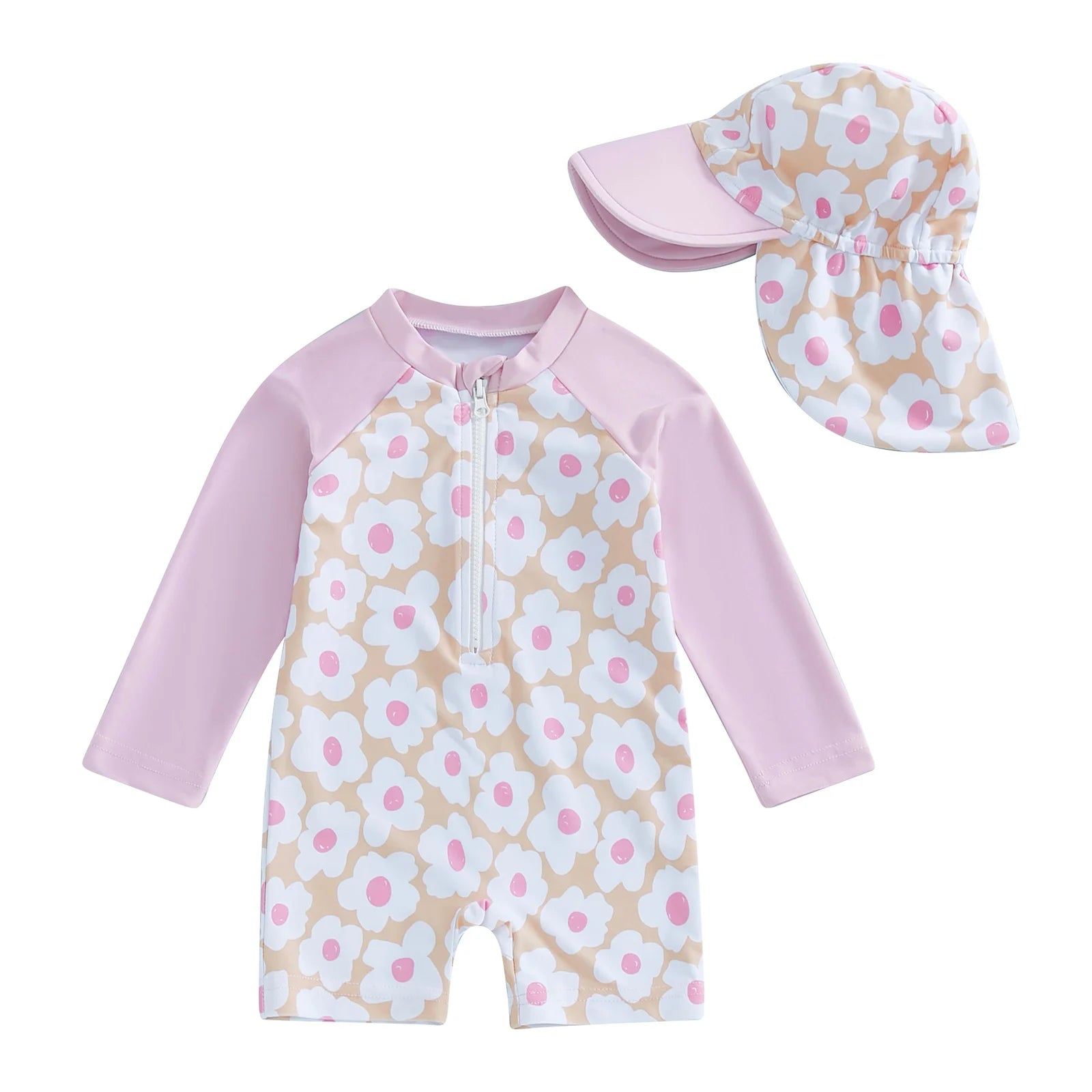 Baby girls rash guard set with floral and flamingo print by Baby Bubble, featuring lightweight, sun-protective swimwear for infants.
