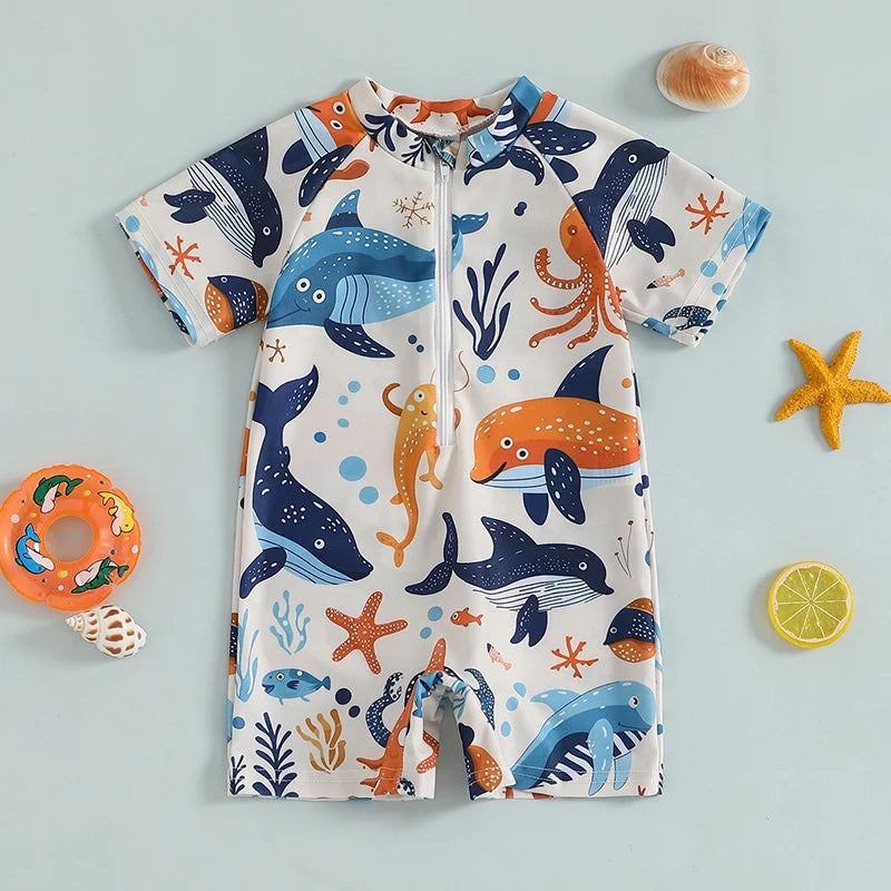Baby Bubble shark print long sleeve zip-up rash guard for babies, featuring a comfortable, protective design with a playful shark pattern.