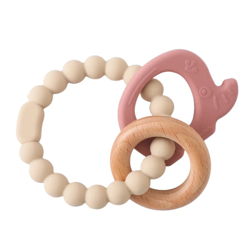 Baby Bubble BPA-Free silicone teether glove for gum relief, shown on a baby's hand with textured silicone surface.