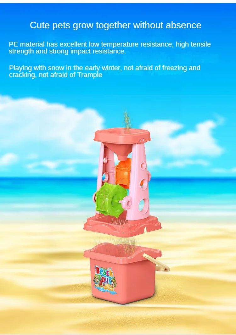 Kids beach sand play set with colorful bucket and shovel from Baby Bubble, perfect for outdoor beach and sandbox play.