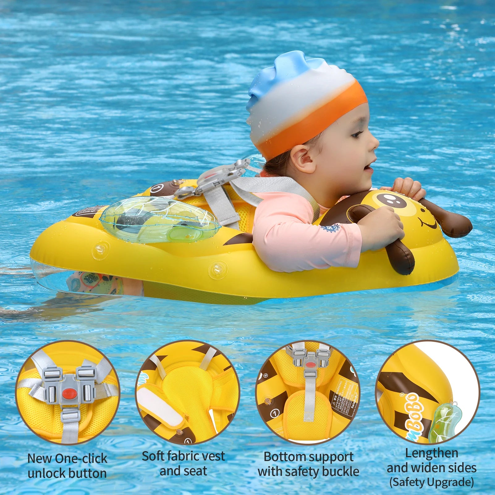 Baby Bubble Baby Bee Float Ring inflatable mesh safety seat showing a colorful, mesh baby float ring with safety straps.