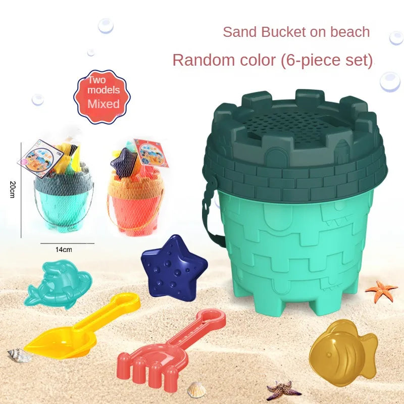 Kids Beach Sand Play Set with colorful bucket, shovel, and tools from Baby Bubble, perfect for outdoor sand play and building.