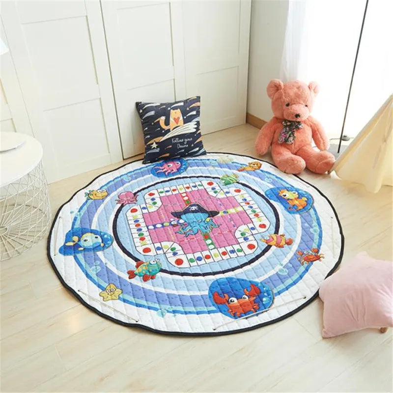 Round kids room carpet featuring Nordic animal design, 150cm play mat by Baby Bubble, soft and colorful for children's rooms.