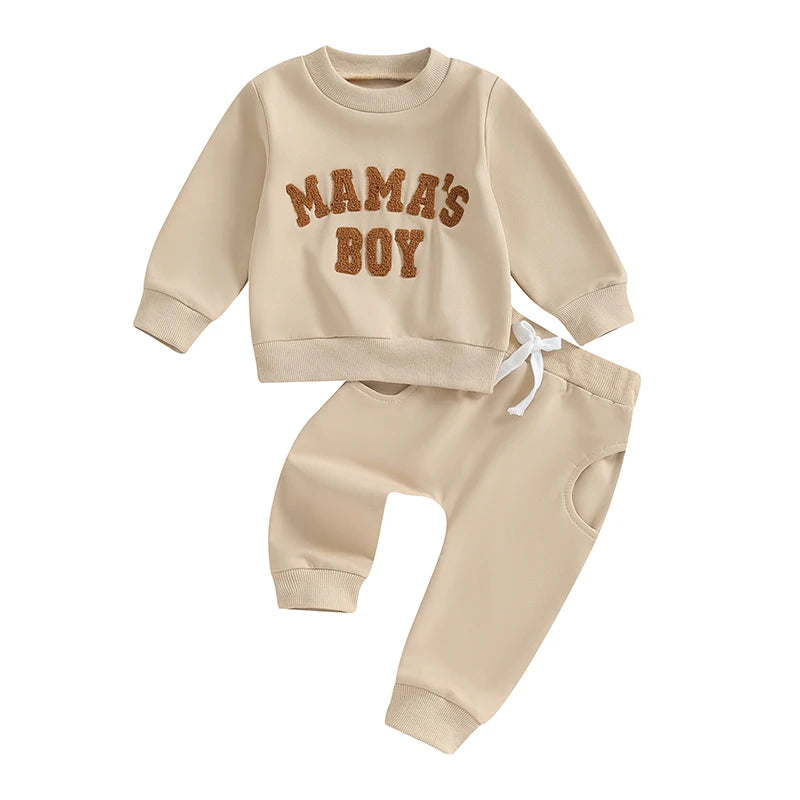 Baby Boy Crewneck Sweatshirt Set by Baby Bubble featuring a cozy fall outfit for ages 0-3 years, with a navy blue sweatshirt and matching pants.