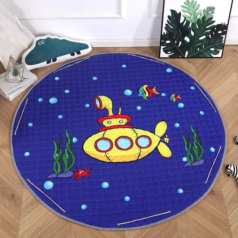Round kids room carpet featuring Nordic animal design, 150cm play mat for children by Baby Bubble, soft and colorful for play area.
