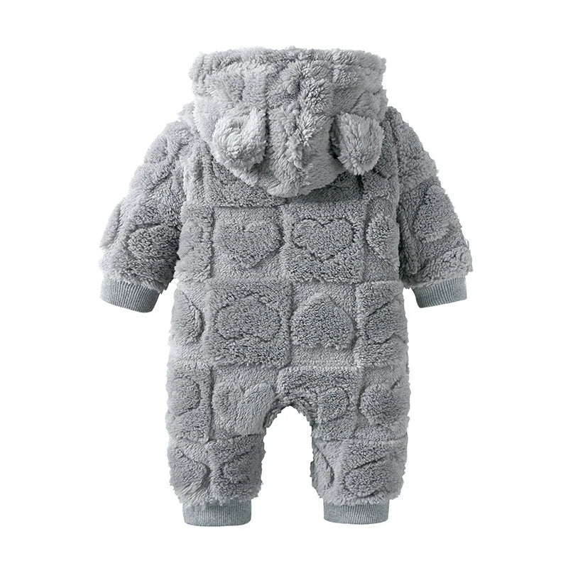 Baby Bubble velvet hooded romper with cartoon print, soft and warm for cozy comfort in baby clothing.