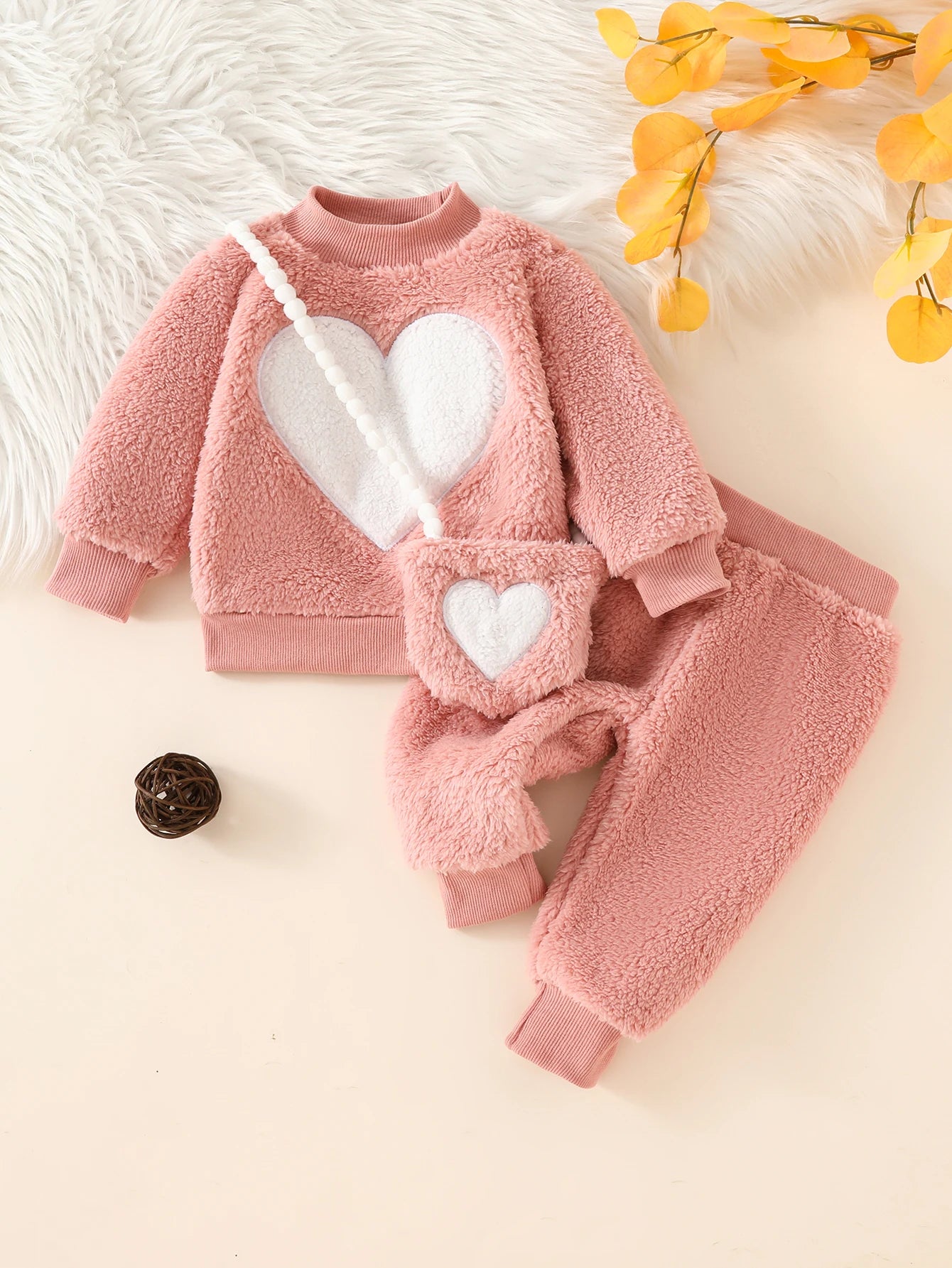 Baby Bubble winter baby girl outfit with fuzzy embroidered heart long sleeve top and matching pants, 3-piece casual set for girls.
