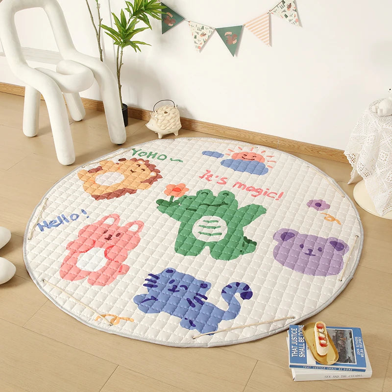 Round Baby Play Mat 150cm by Baby Bubble featuring colorful cartoon designs, foldable for easy storage and soft for comfort.