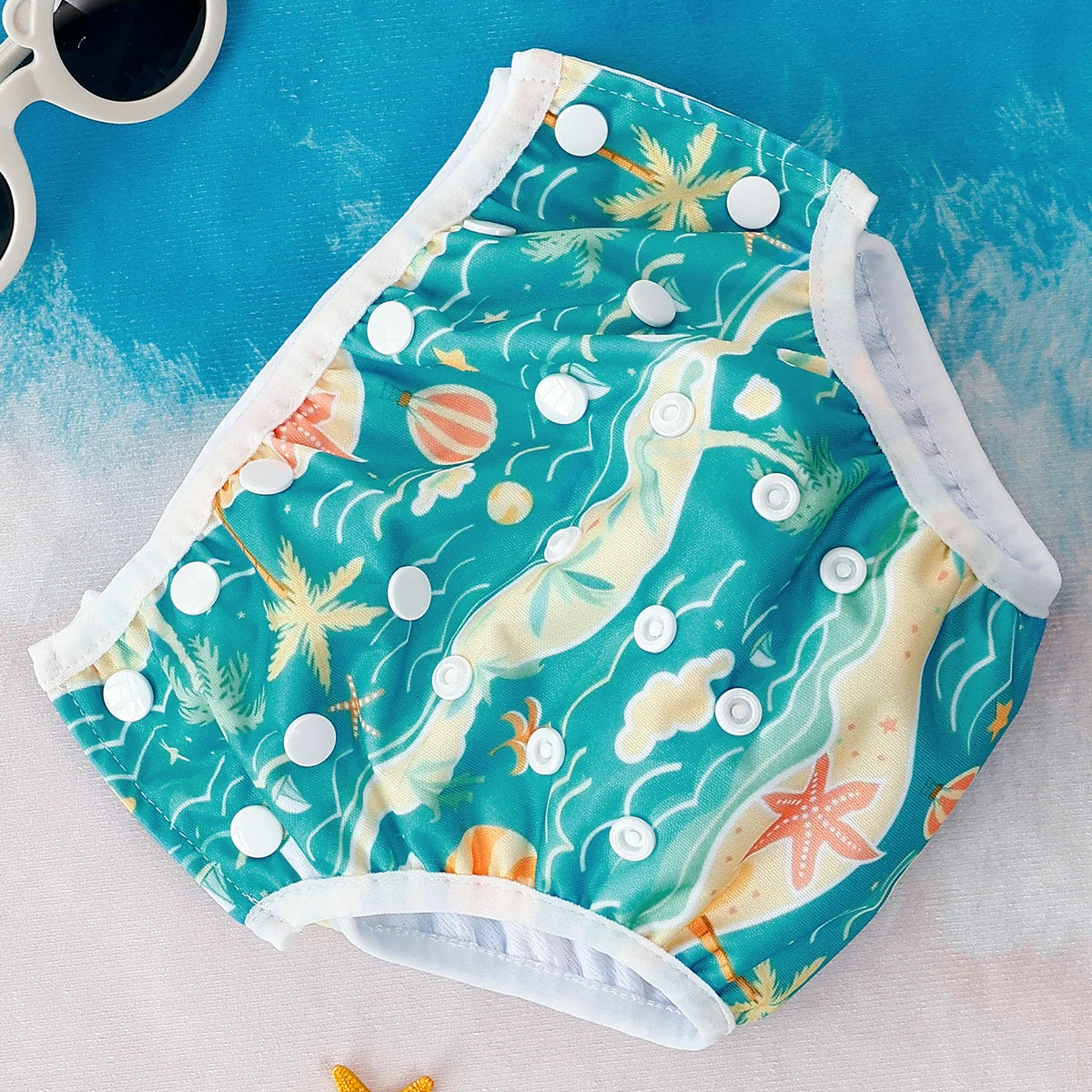 Baby Bubble washable baby swim diapers with adjustable fit, featuring colorful waterproof fabric for comfortable water play.