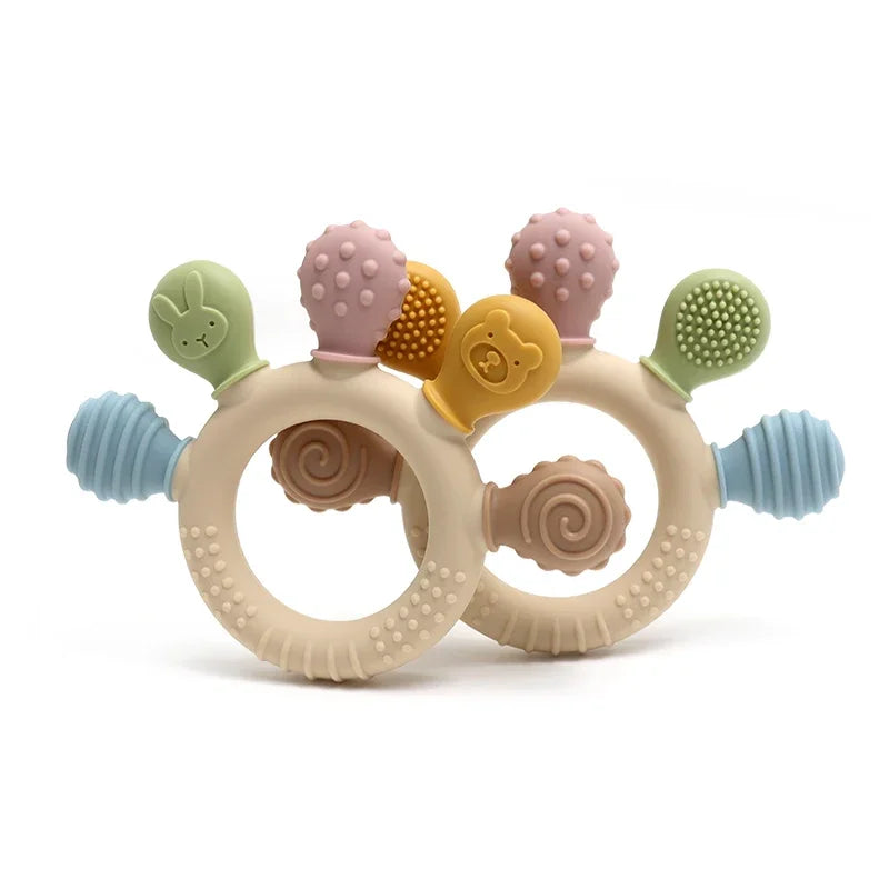 Colorful silicone baby ring teether by Baby Bubble, designed as a gum soother for soothing babies during teething.
