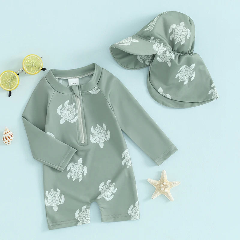 Baby boys rash guard set by Baby Bubble featuring turtle and dinosaur print, soft fabric, perfect for sun protection and playtime.