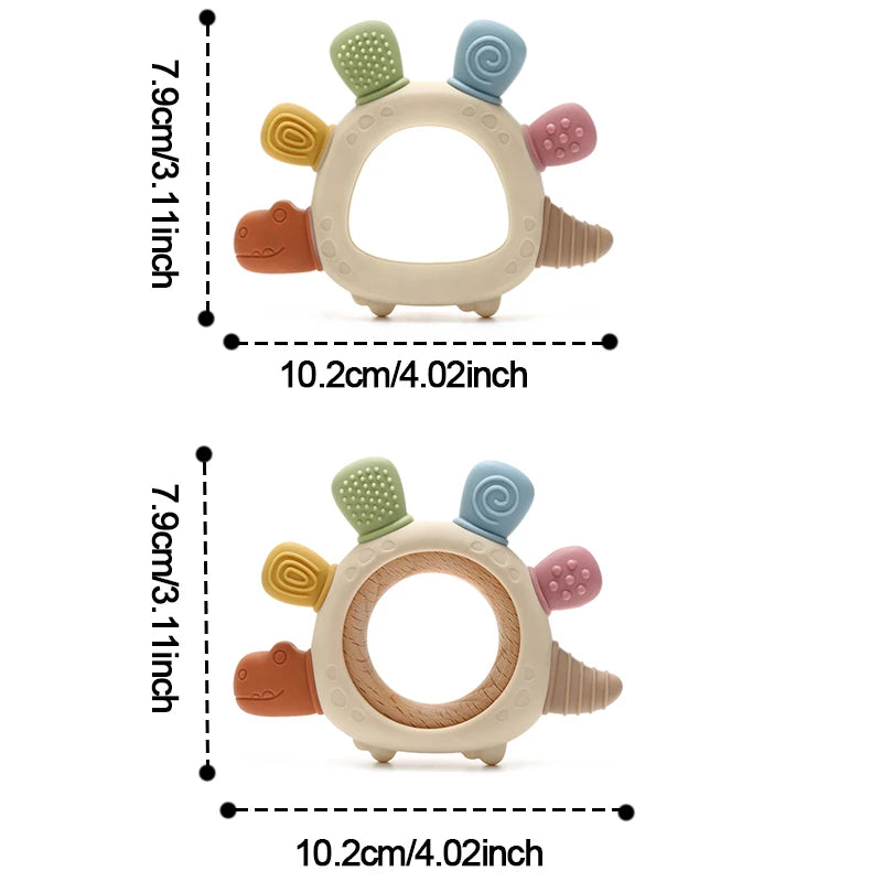 Baby Bubble BPA-Free baby dinosaur teether with easy-grip design for gum relief, featuring colorful dinosaur shape for soothing comfort.