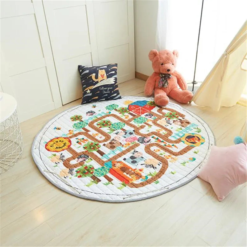 Round kids room carpet featuring a Nordic animal play mat with colorful animal illustrations, designed for children’s play area.