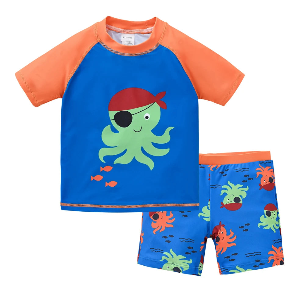 Boy wearing a Baby Bubble 2-piece swimsuit set with a cool print for ages 1-7, featuring colorful patterns and comfortable fabric.