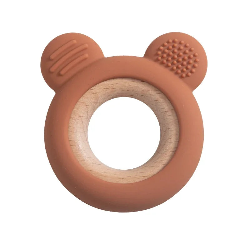 Baby Bubble silicone wood teether ring, safe soothing chew toy for babies, featuring soft silicone and natural wood elements.