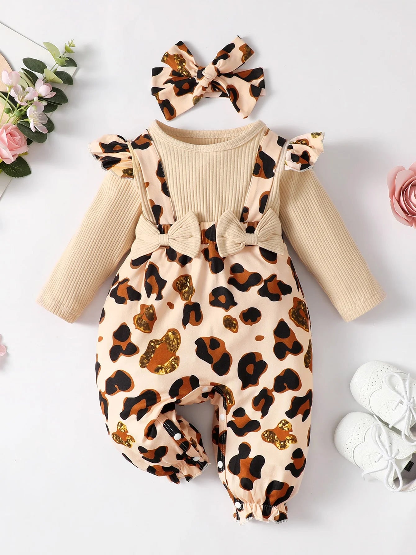 Baby Girl Leopard Jumpsuit Set – Ruffle Trim & Headband