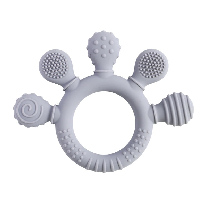 Baby Bubble BPA-free silicone teether rattle with colorful sensory beads and soft texture, designed for soothing and teething relief.