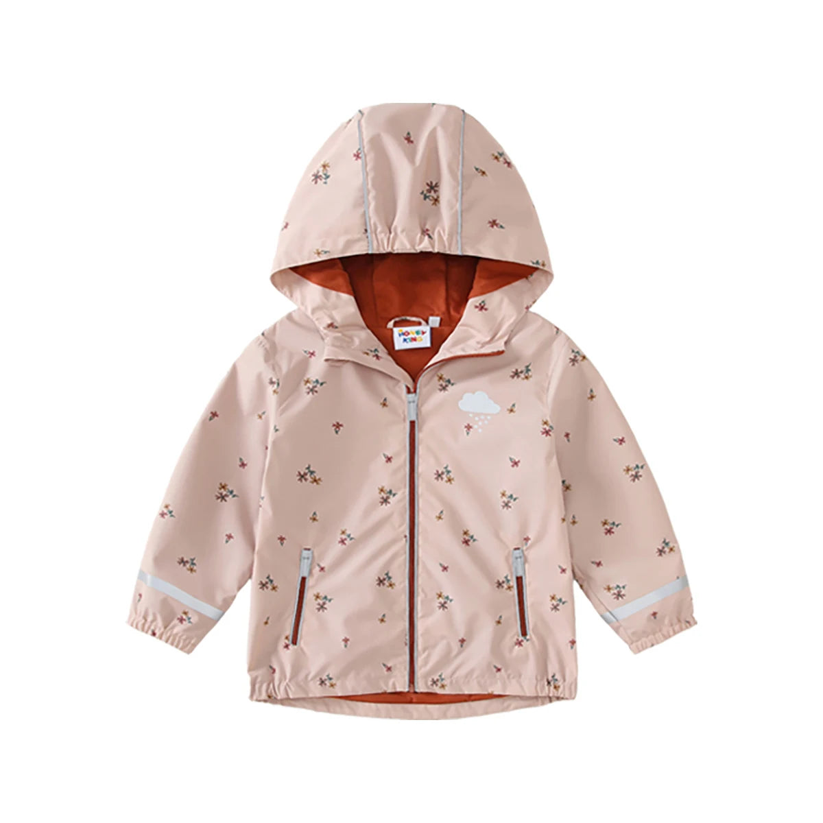 Kids waterproof softshell jacket by Baby Bubble, showing a navy blue all-weather softshell jacket for children with a hood and zipper.