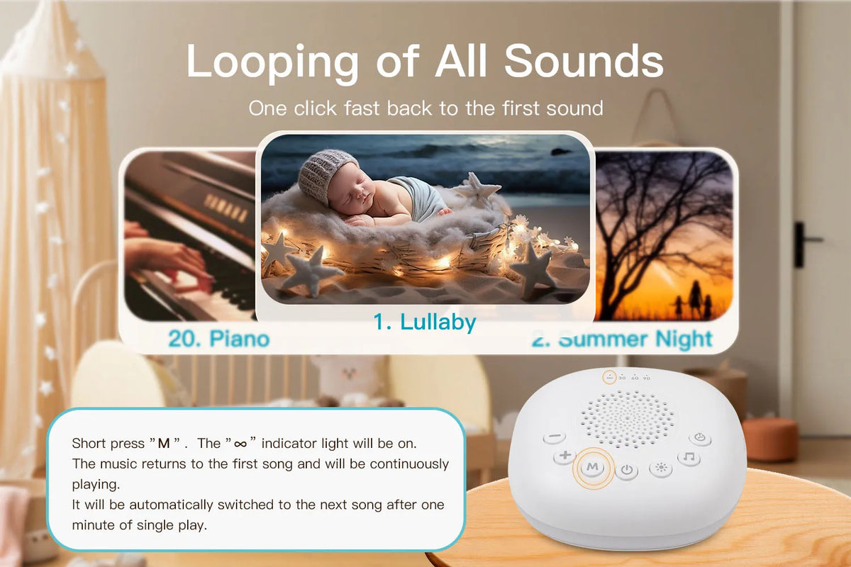 White Noise Sound Machine with 24/20 Soothing Sounds Sleep Aid for Babies Kids Adults Rechargeable Night Light Newborn Gifts